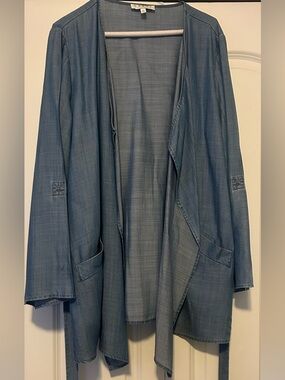 Chaus Blue Chambray Open Front Draped Jacket Blazer with Pockets- Women’s Size L